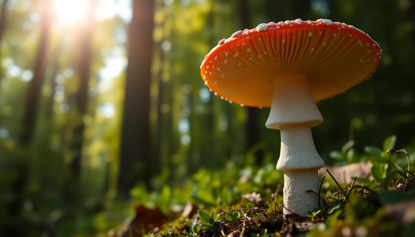 Fliegenpilz pulver in leuchtendem rot mit weißen Flecken vor grünem Waldhintergrund.