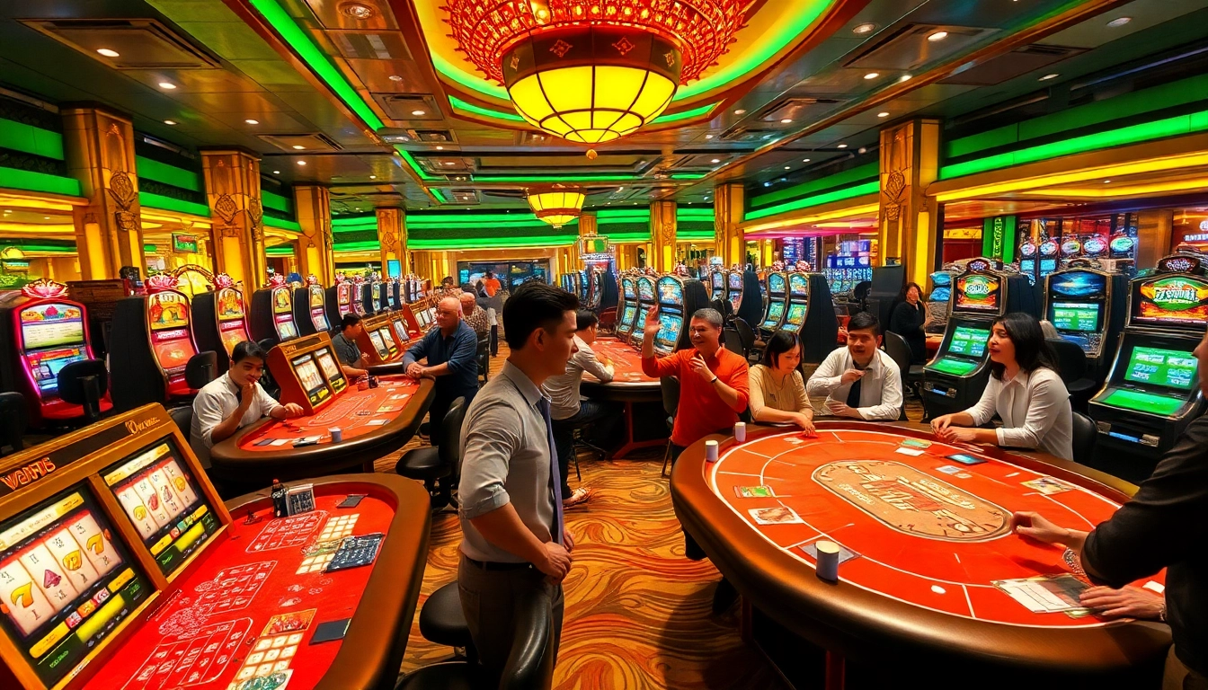 Engaged gamblers at 789P casino, celebrating wins at vibrant slot machines.