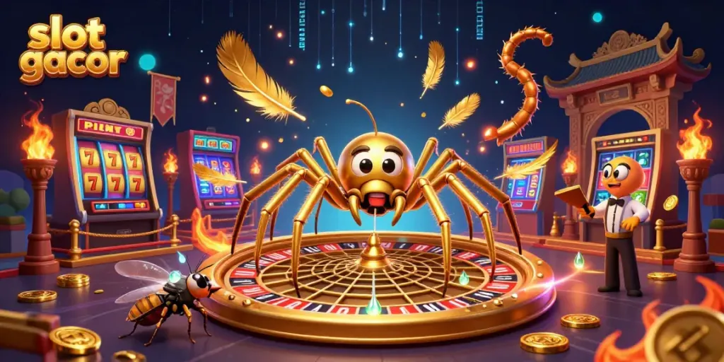 Engaging illustration of the slot gacor theme featuring a golden spider web roulette, gambling elements, and vibrant casino motifs.