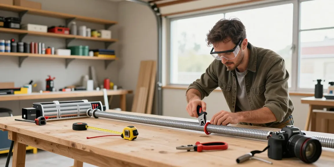 Handwerklicher DIY-Enthusiast passt Flexrohr in einer hellen Werkstatt an und zeigt seine Fähigkeiten zur Wohnraumverbesserung.