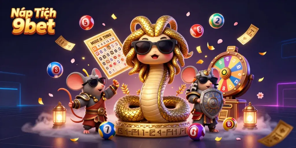 Nạp Tiền 9bet festive scene with Medusa and warrior mouse amidst lottery characters.