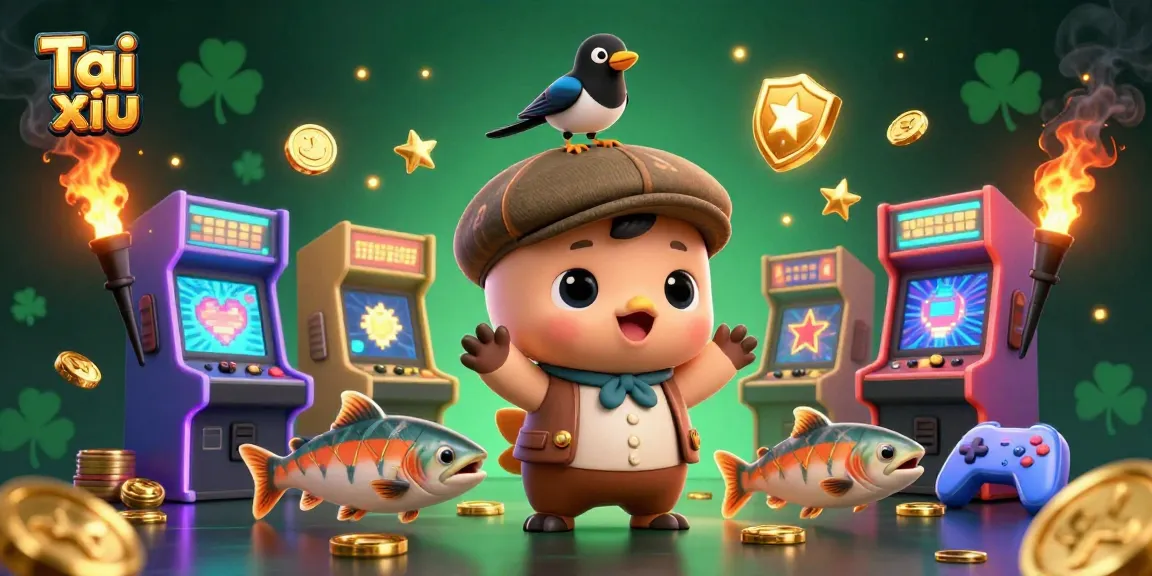 Engage in Tai xiu with a vibrant 3D illustration of cute characters in a casino setting, showcasing playful elements and glowing game features.