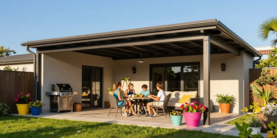 Familie genießt den sonnigen Tag unter einer freistehenden Terrassenüberdachung im Garten.
