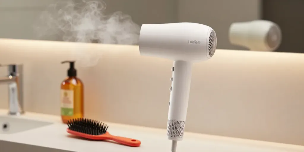 Close-up of the Laifen Mini haartrockner beside a hairbrush on a bathroom countertop