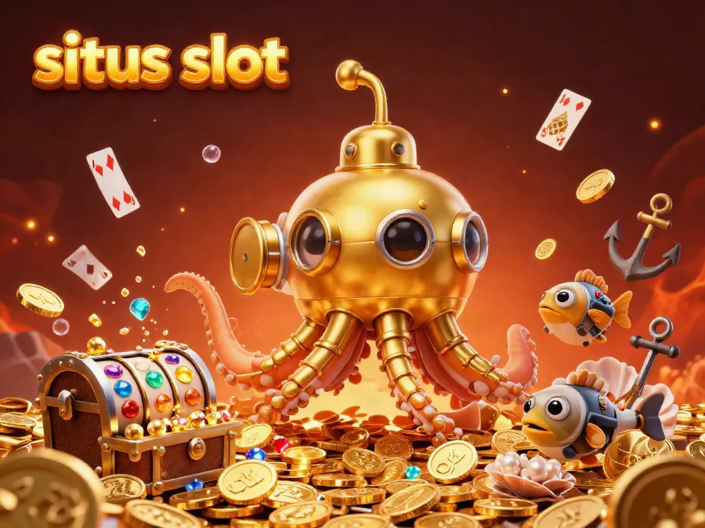 Experience the excitement of situs slot with a golden kraken submarine surfacing through treasure-filled coins.