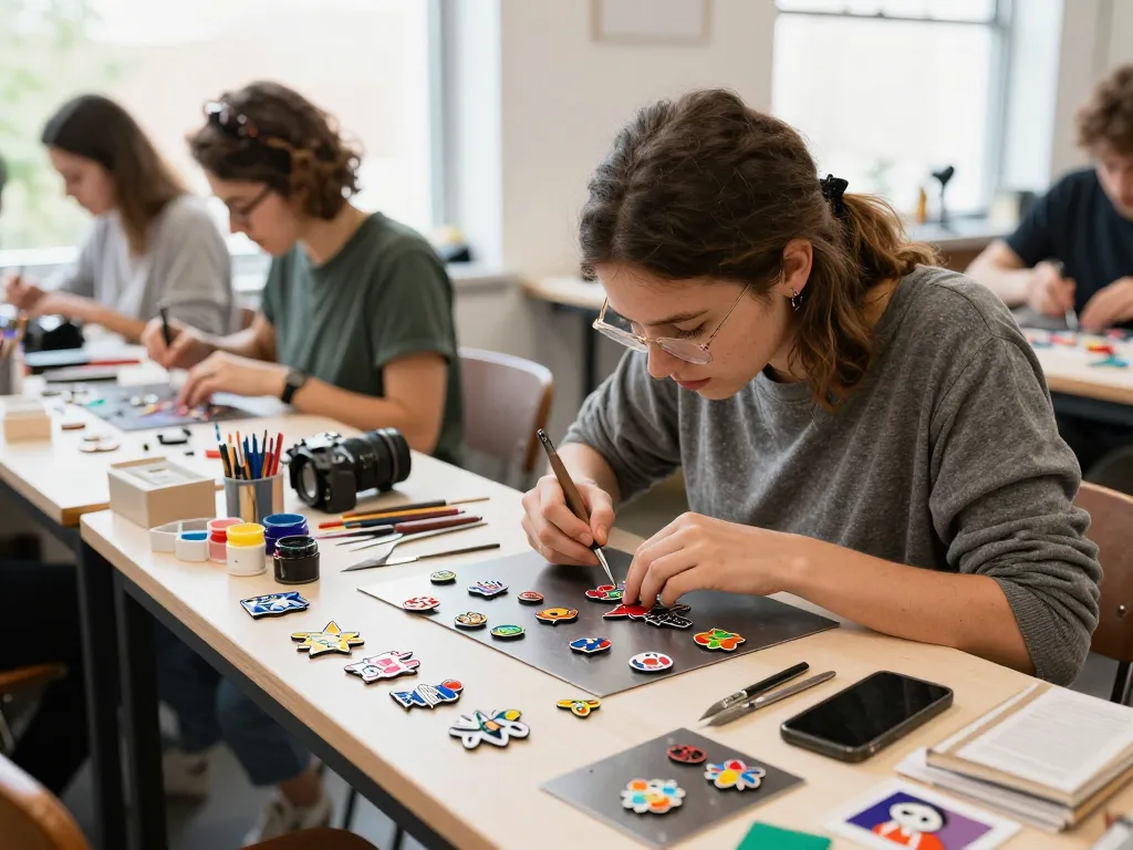 Artisan crafting individuelle pins in a vibrant workshop with colorful materials.