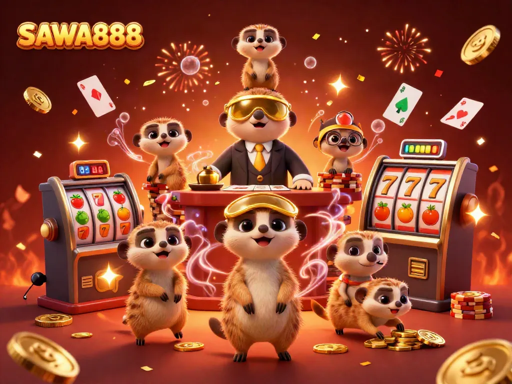 SAWA888 showcases a vibrant gaming scene with meerkats engaging in thrilling slot machine action amidst a colorful casino environment.