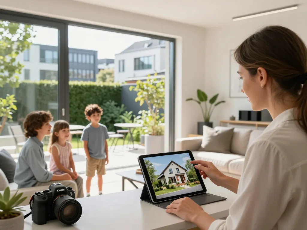Immobilienmakler Frankfurt Riedberg präsentiert modernes Familienhaus während einer Besichtigung, hebt Merkmale und einladende Atmosphäre hervor.