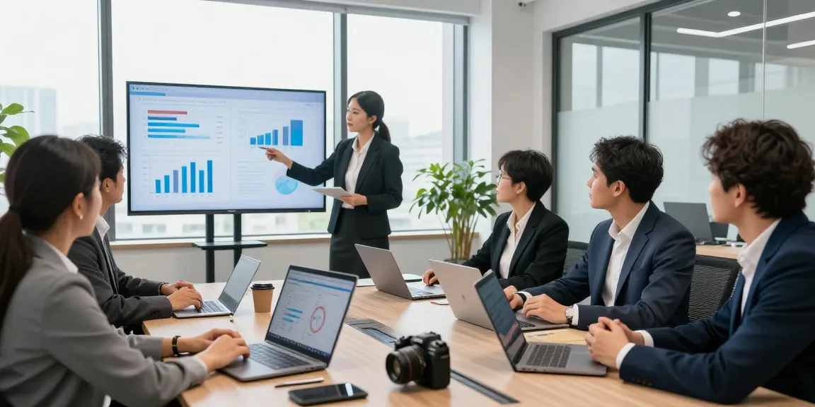 Bewertungsplattform Führung: Team diskutiert Führungskultur in modernem Büro, mit analytischen Daten auf Laptops.