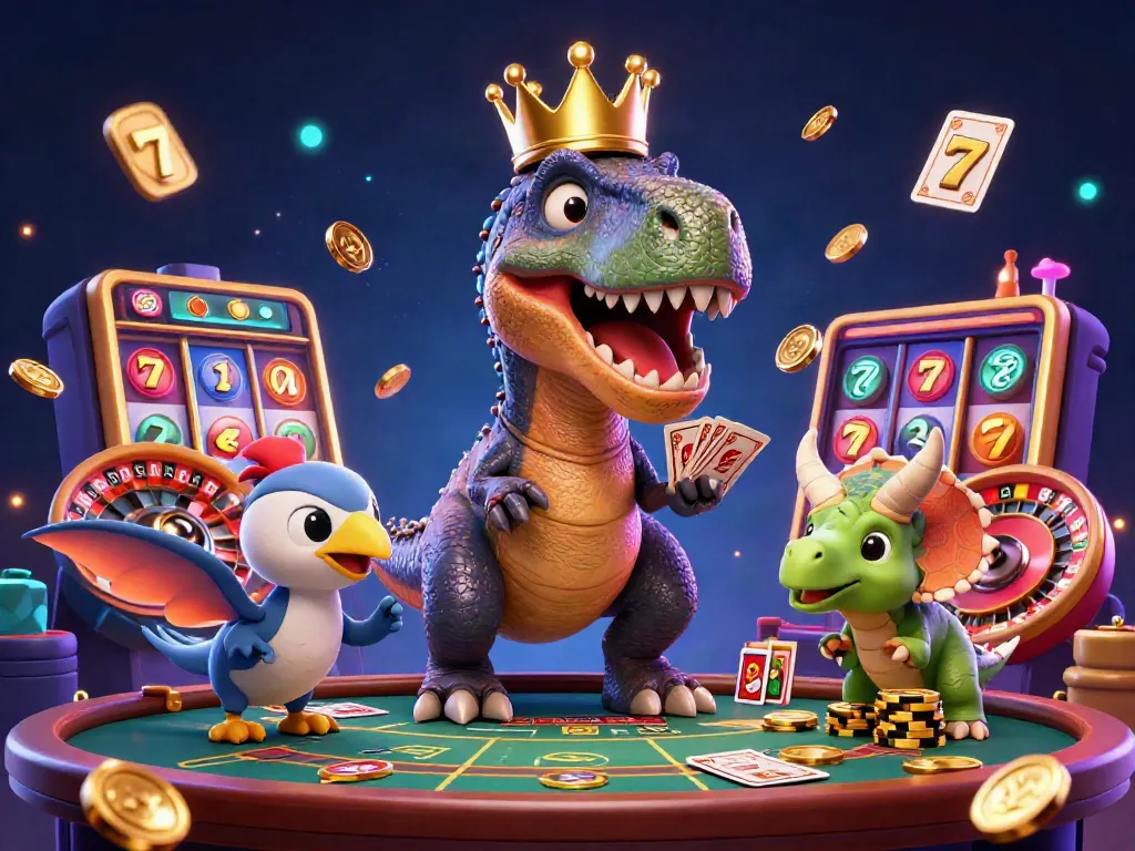 Experience Casino excitement with a T-Rex shuffling cards and a Triceratops stacking chips.