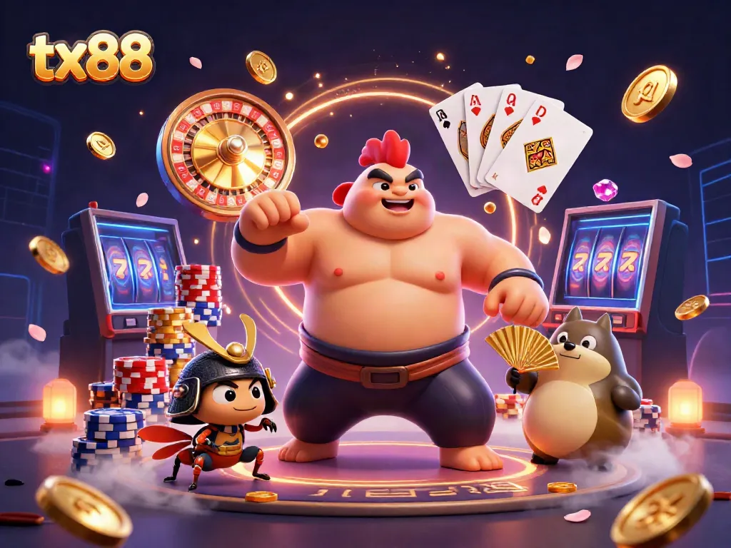 Experience exciting moments at tx88 with dynamic gambling action featuring cartoon characters and casino elements.