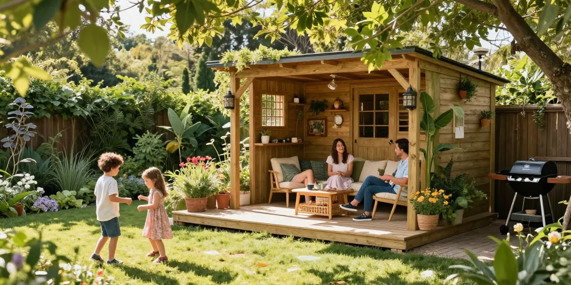 Schönes Gartenhaus aus Holz umgeben von einem blühenden Garten, ideal für entspannte Nachmittage.