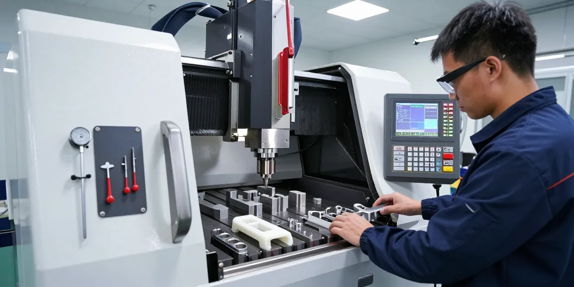 CNC-Bearbeitung in einer modernen Werkstatt mit einem Techniker, der präzise Maschinen bedient.