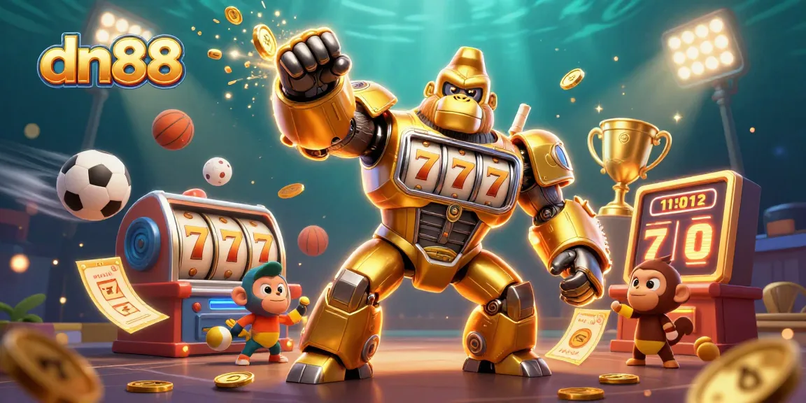 Join the excitement at dn88 with a golden gorilla mech, spinning slot reels, and dynamic sports elements.
