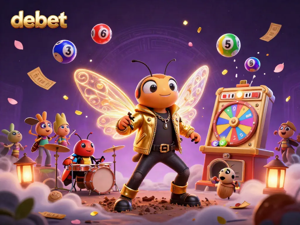 Experience gambling excitement with debet as a cycad rock star and vibrant game elements celebrate winnings.