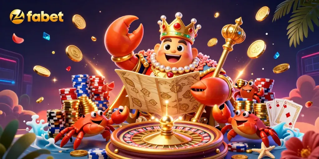 Experience the thrill of fabet with an illustration of a golden crab emperor ruling a vibrant casino scene.