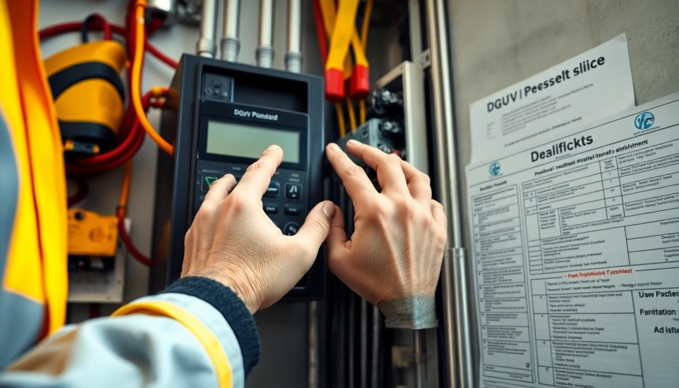 Technician conducts DGUV V3 Prüfung for electrical safety in a professional setting.