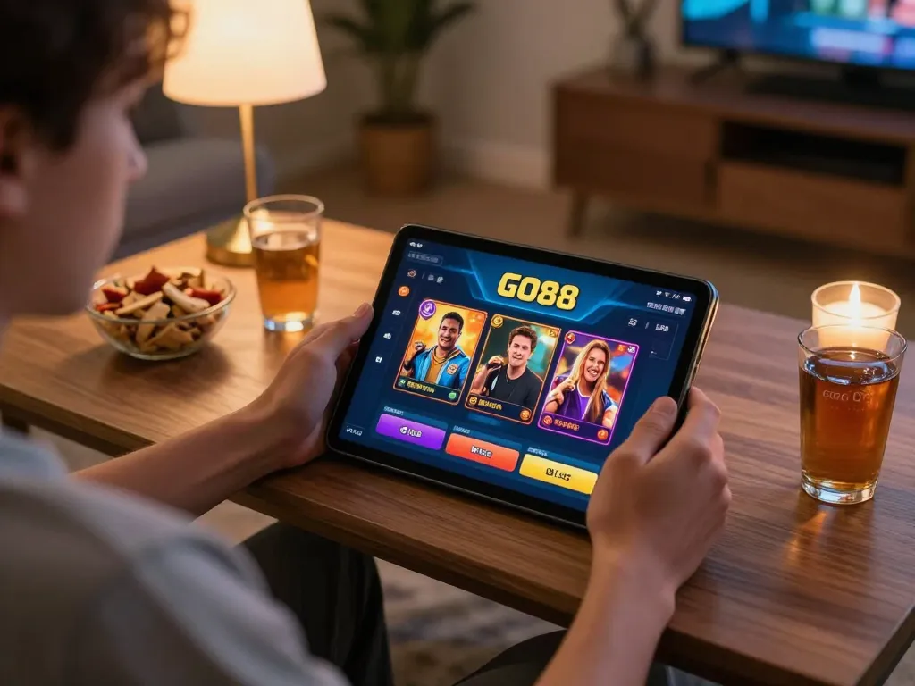 Play the GO88 casino app on tablet with engaging interface in cozy home setting