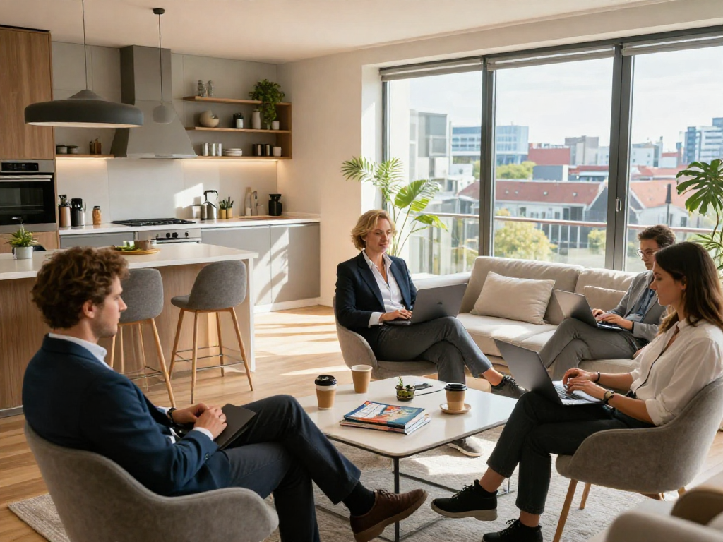 Eine Gruppe von Geschäftsreisenden in einem komfortablen Apartment in Hannover, Monteurzimmer mieten Hannover für Messen.