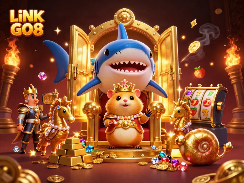 Experience vibrant casino adventure with LINK GO8 featuring a golden hamster king ruling over treasures and games.