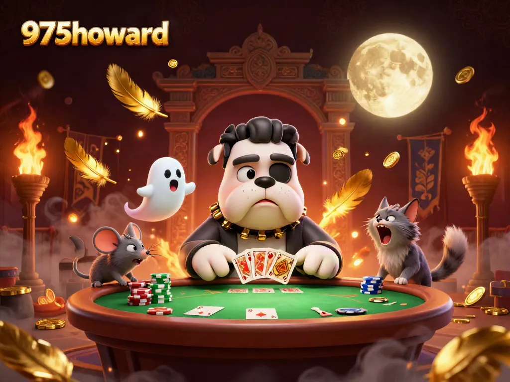 Engage with the vibrant card game scene at 975howard, featuring a Frankenstein bulldog and a ghost mouse.