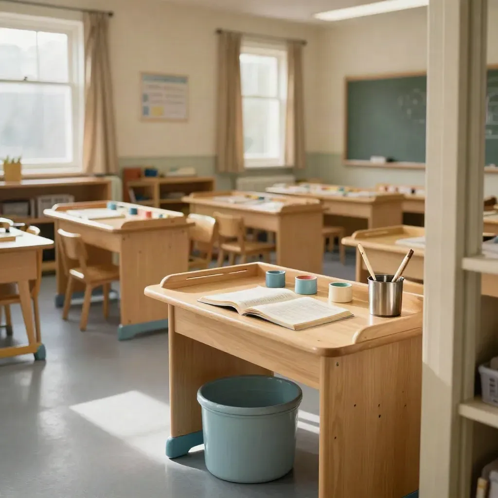 Leerer Morgenklassenraum mit Zähltabletts, Lesebüchern, Farbtöpfen und Pinseln im Sonnenlicht.