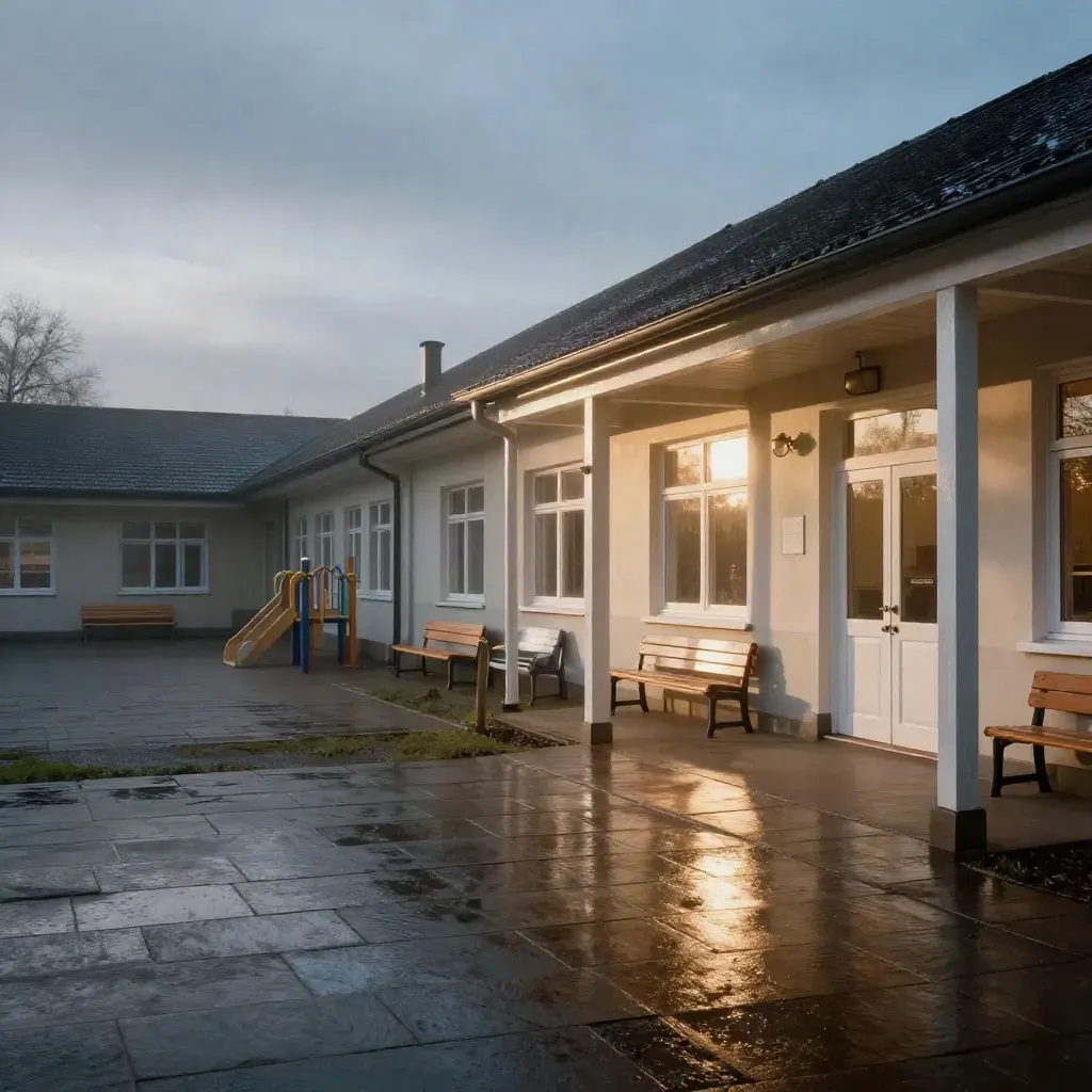 Leerer Schulhof mit nassem Pflaster, Eingangstrakt und Morgenlicht nach Regen.