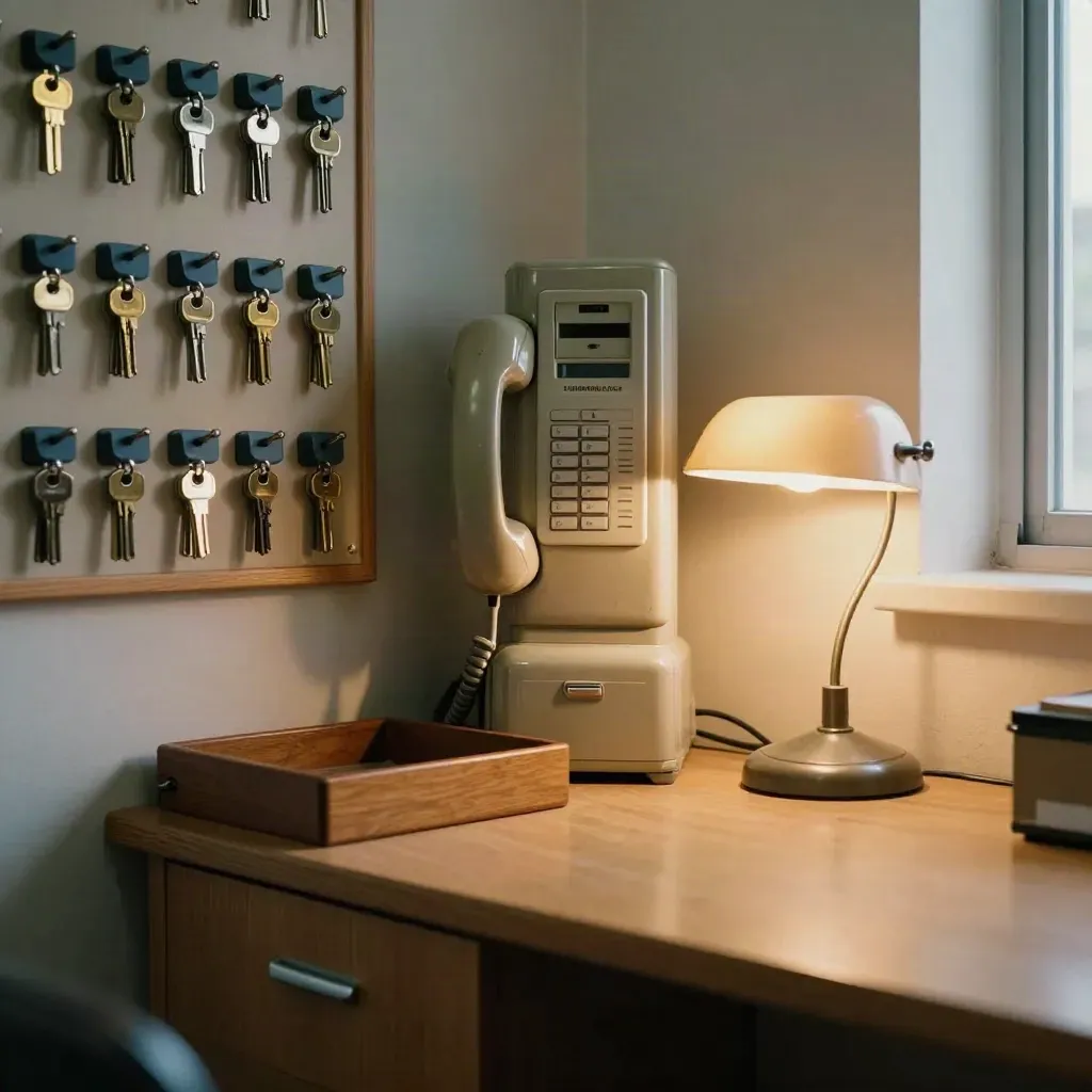 Rotary-Telefon, Schlüsselbrett und Ablage im Schulbüro mit warmem Lampenlicht.
