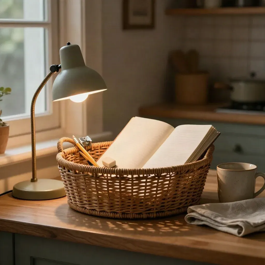 Hausaufgabenkorb mit Heft, Stiften, Radiergummi und Lampe an der Küchentheke im Abendlicht