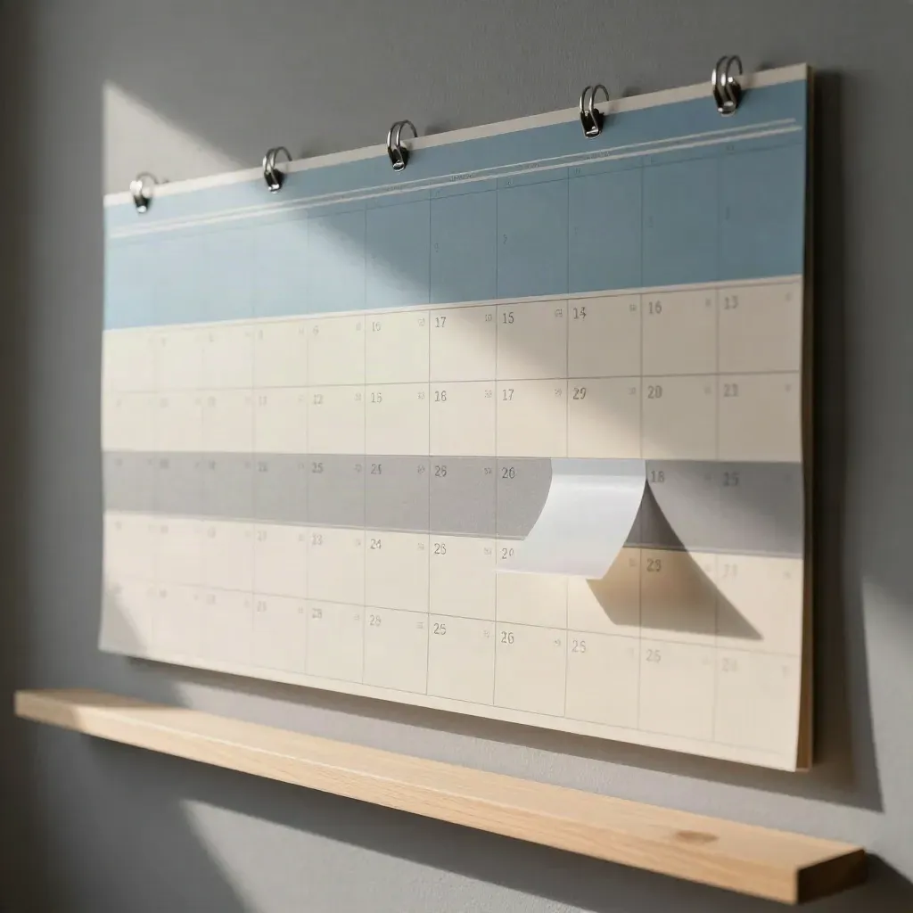 Schuljahres-Planwand mit Farbblöcken und Urlaubsmarkern an heller Wand.