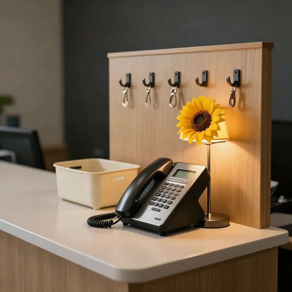 Telefonanlage, Schlüsselleiste und Lampe auf der Schulrezeption im warmen Licht