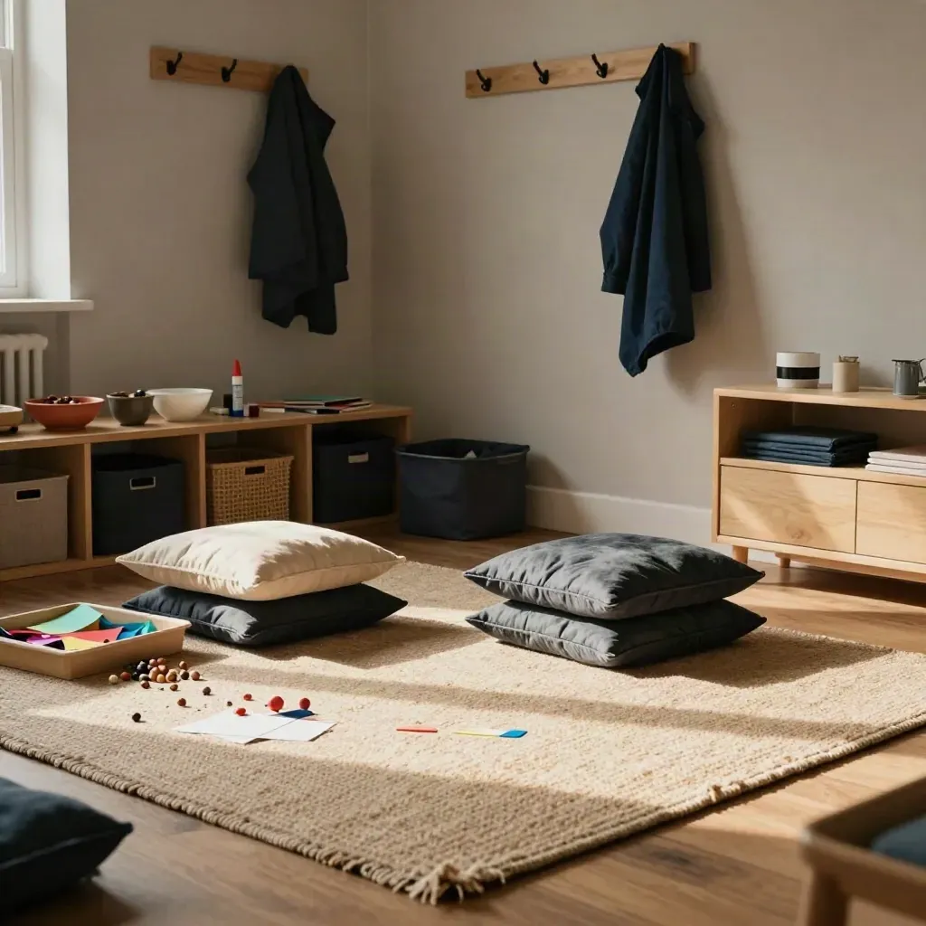 Leerer Hort-Raum mit Kissen, Bastelmaterial und Snackschalen im warmen Nachmittagslicht.