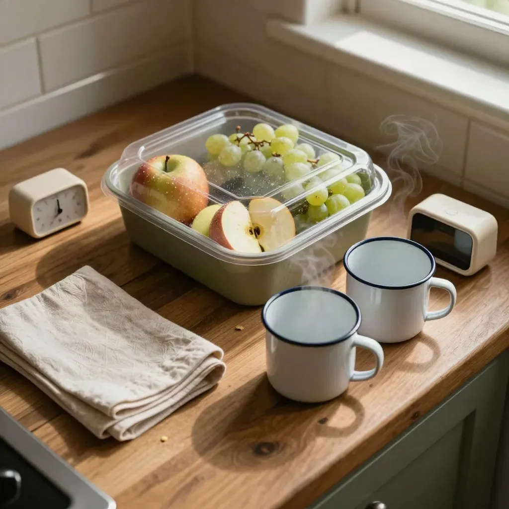 Snackstation mit Obstbox, Emailletassen, Serviettenstapel und Timer auf rustikalem Holz.