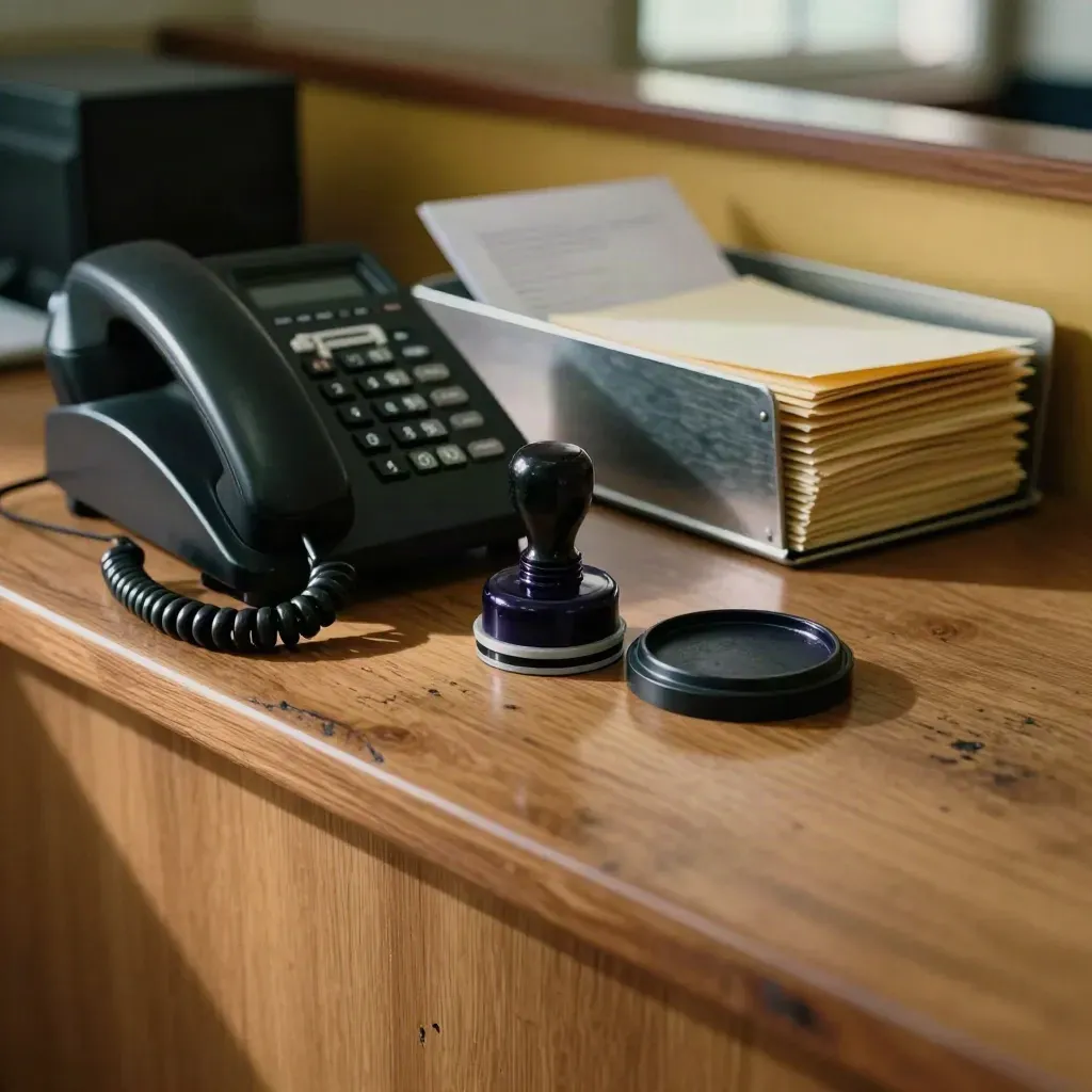 Stillleben mit Telefon, Stempelkissen, Briefstapel und Posteingangsschale am Schreibtisch.