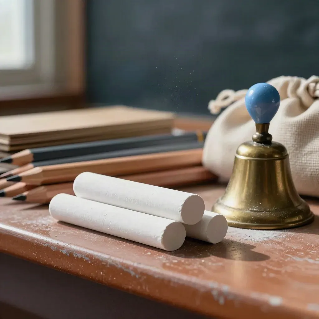 Lehrerset mit Kreidestücken, Holzmarken, Stiften und Glöckchen auf einer Schulshelfkante.
