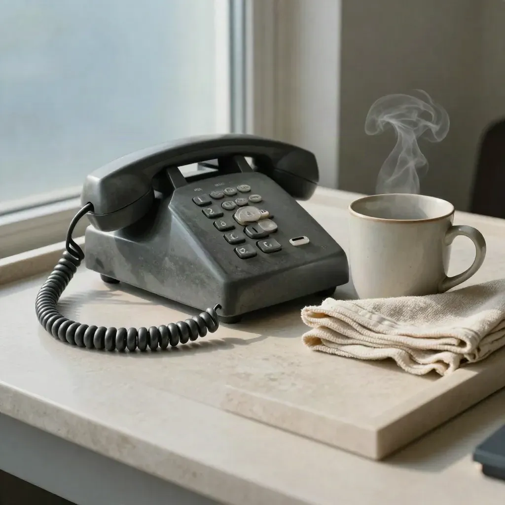 Telefonhörer auf der Halterung auf einer Steinschale, mit sanftem Dampf und ruhiger Schulbüro-Stimmung