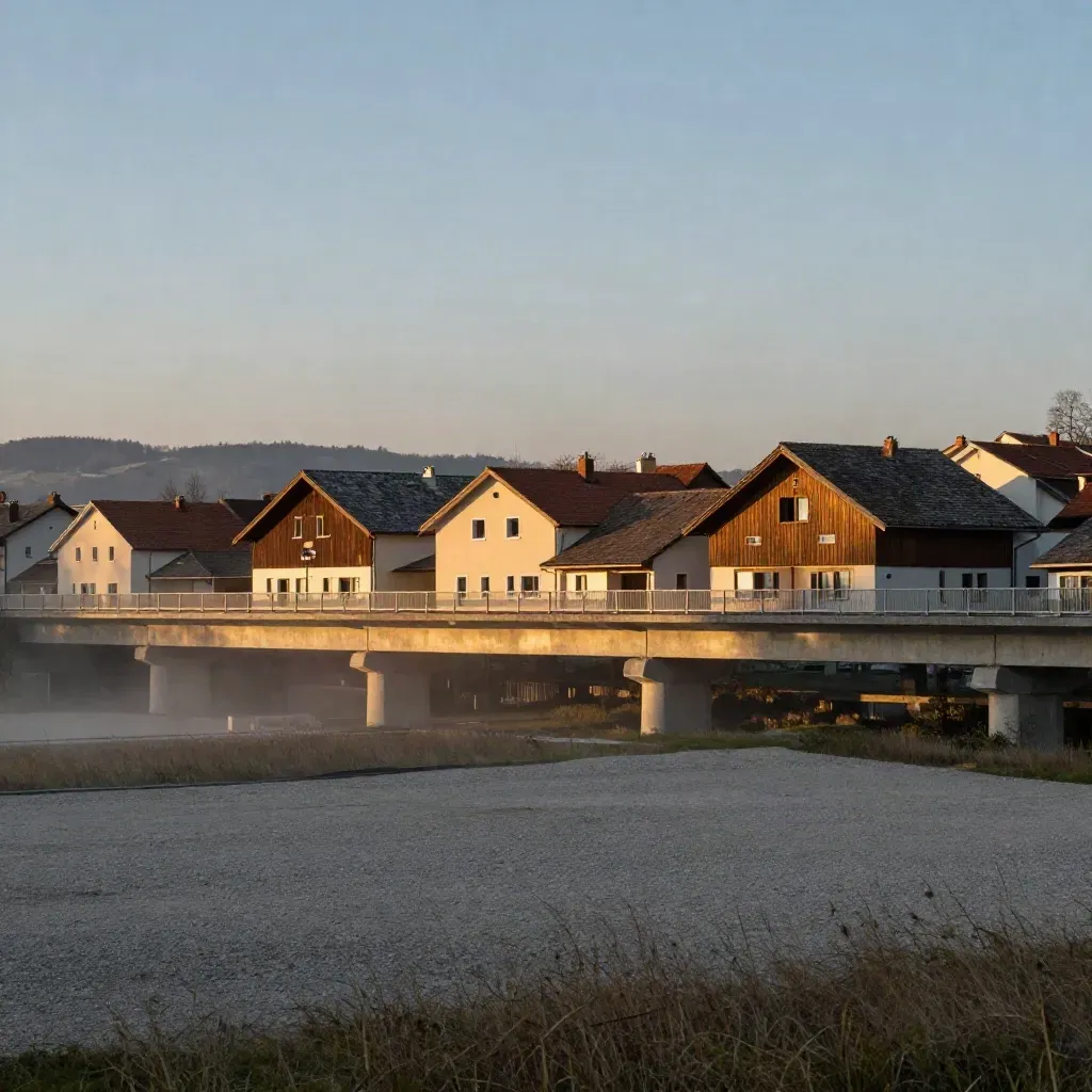 Blick auf Rosenheim Süd mit Brücke, Hausdächern und sanften Hügeln im Abendlicht.