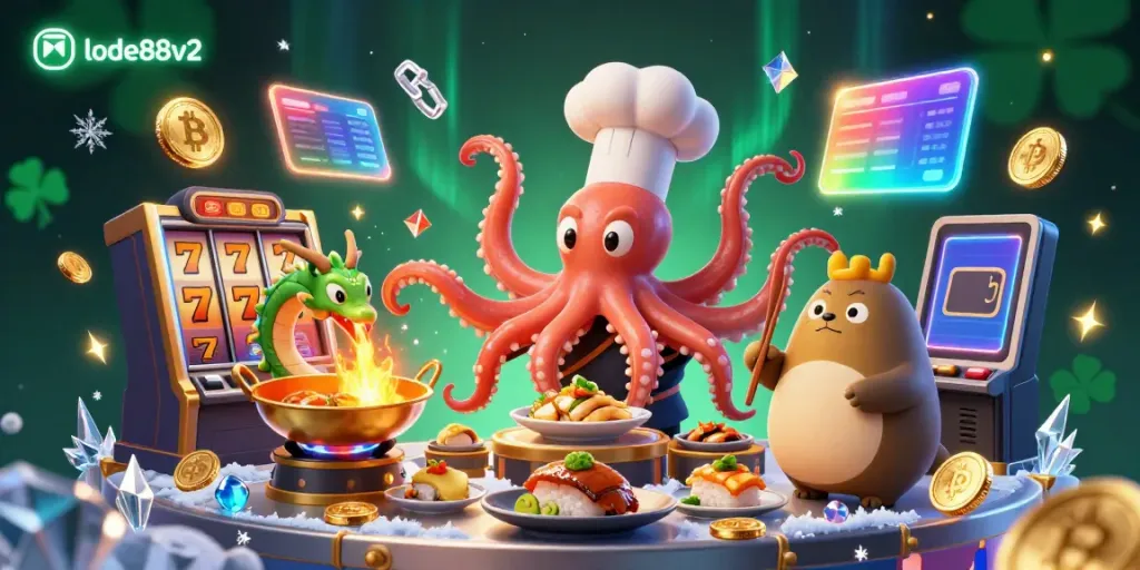 Engage with lode88v2's exciting gameplay featuring a sushi chef octopus and a dragon in a vibrant casino.