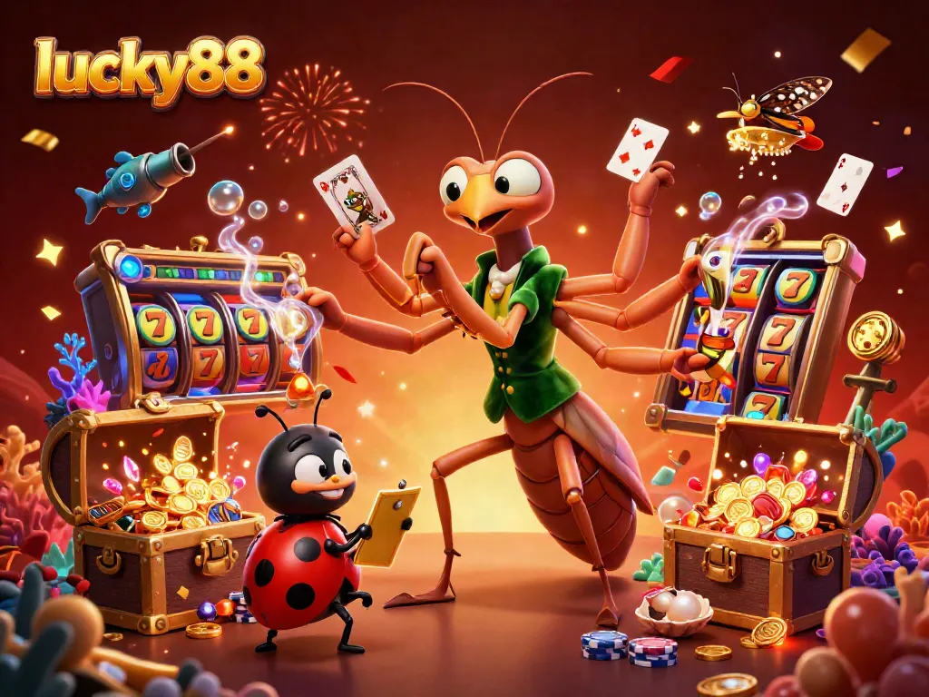 Join the fun at lucky88, where a 3D praying mantis and ladybug bring vibrant casino action to life.