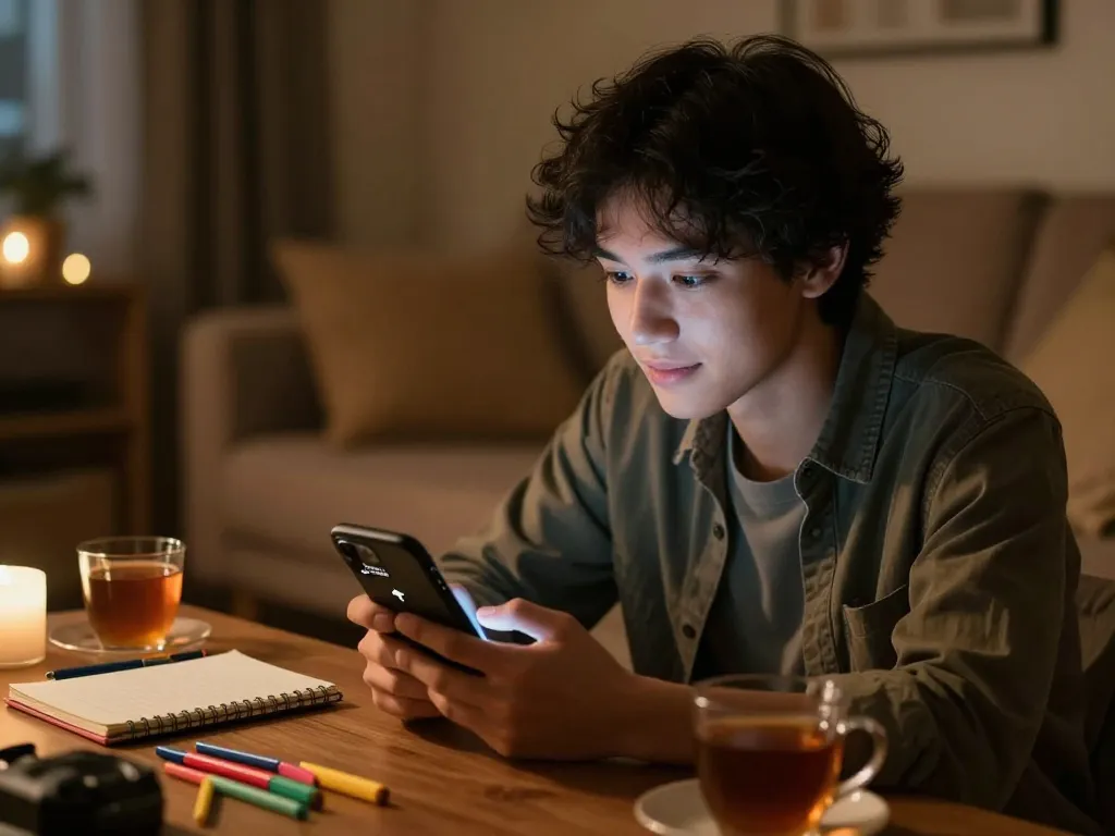 Young adult engaged in sexting AI chat on smartphone in cozy room, capturing modern digital intimacy.
