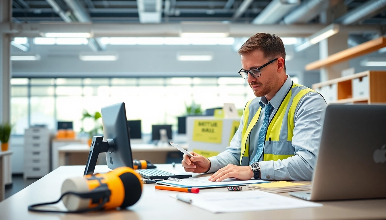 DGUV V3 Prüfung in action with safety auditor inspecting equipment in a bright office setting.