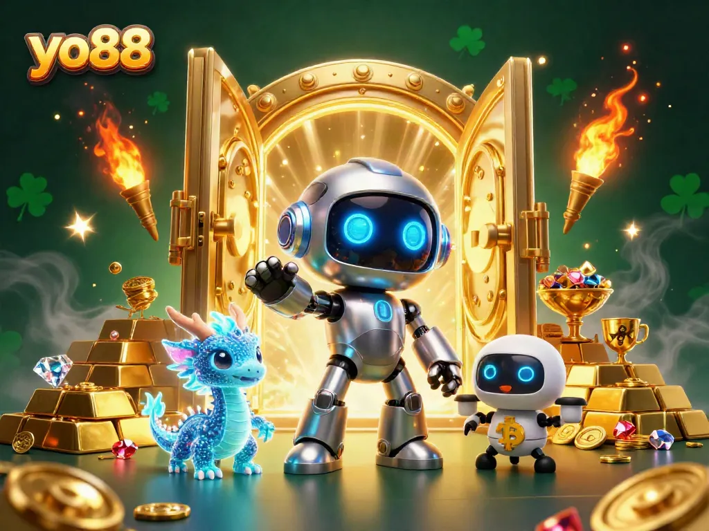 Experience the excitement at yo88 with a vibrant illustration showcasing a cyberpunk robot and golden treasures.