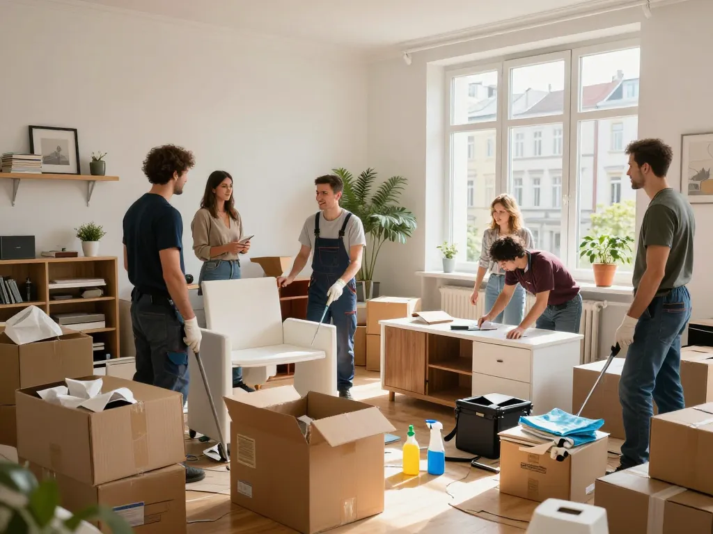 Effizientes Team für Immobilienräumung führt Räumung Wien in einer modernen Stadtwohnung durch, zeigt organisiertes Sortieren und professionelles Serviceumfeld.