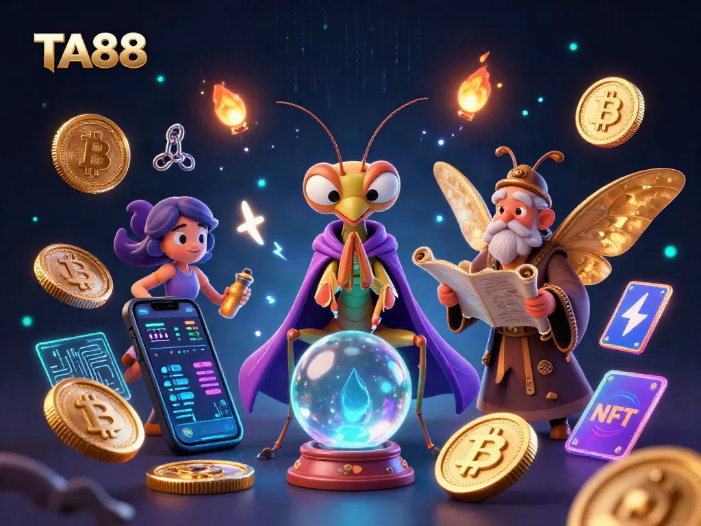 TA88 casino fortune teller examining luck with glowing Bitcoin and Ethereum elements in vibrant colors