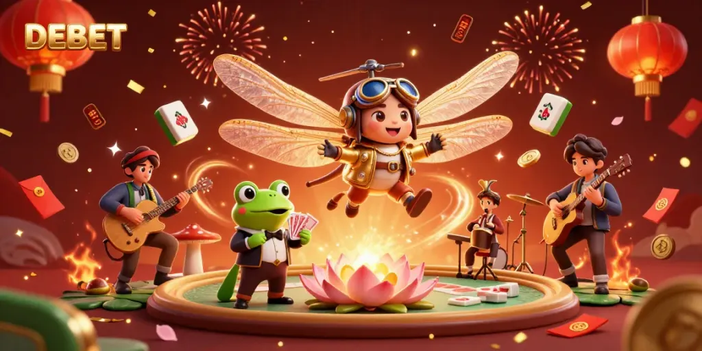 Engage with DEBET in an exciting neon-lit casino scene featuring dynamic characters and activities.