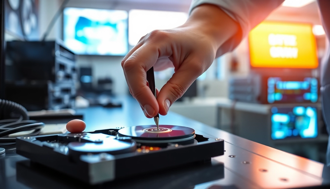Festplattenrettung Wien: Data recovery expert repairing a hard drive in a modern lab.