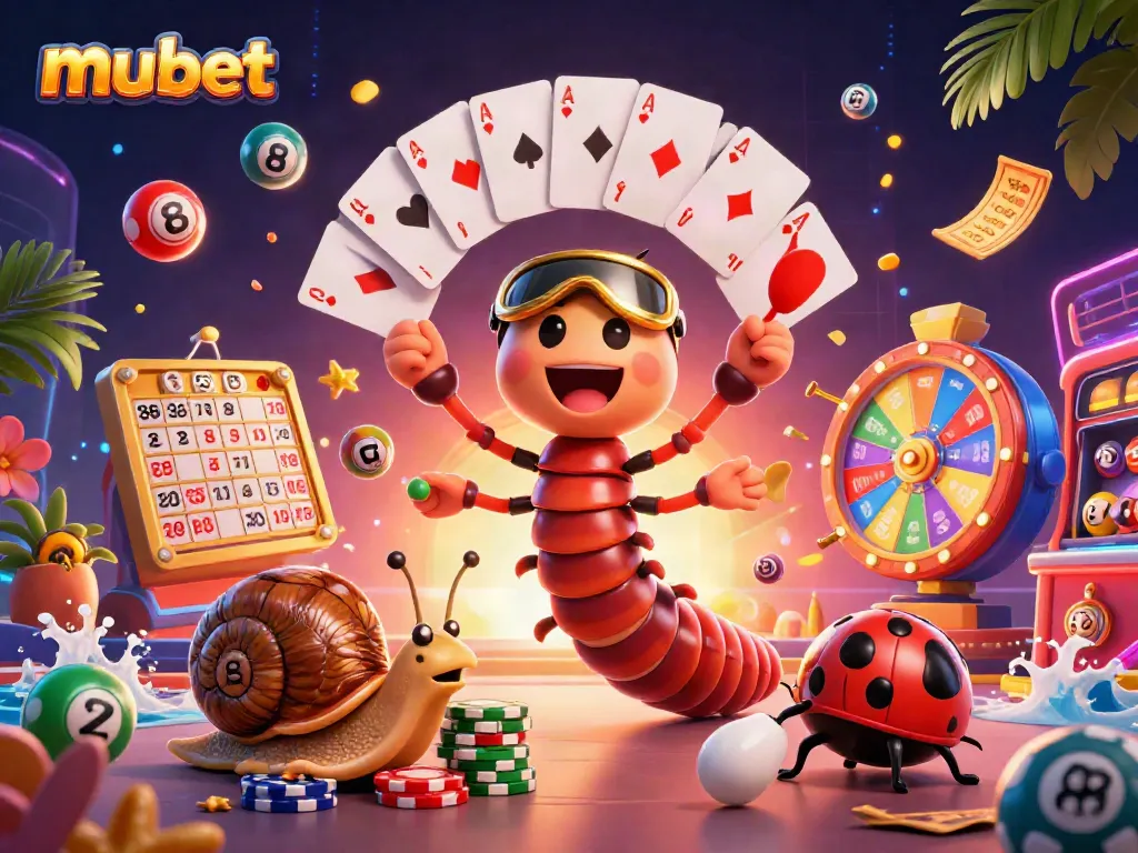 Experience the excitement of playing at mubet with cheerful cartoon characters enjoying various casino games.
