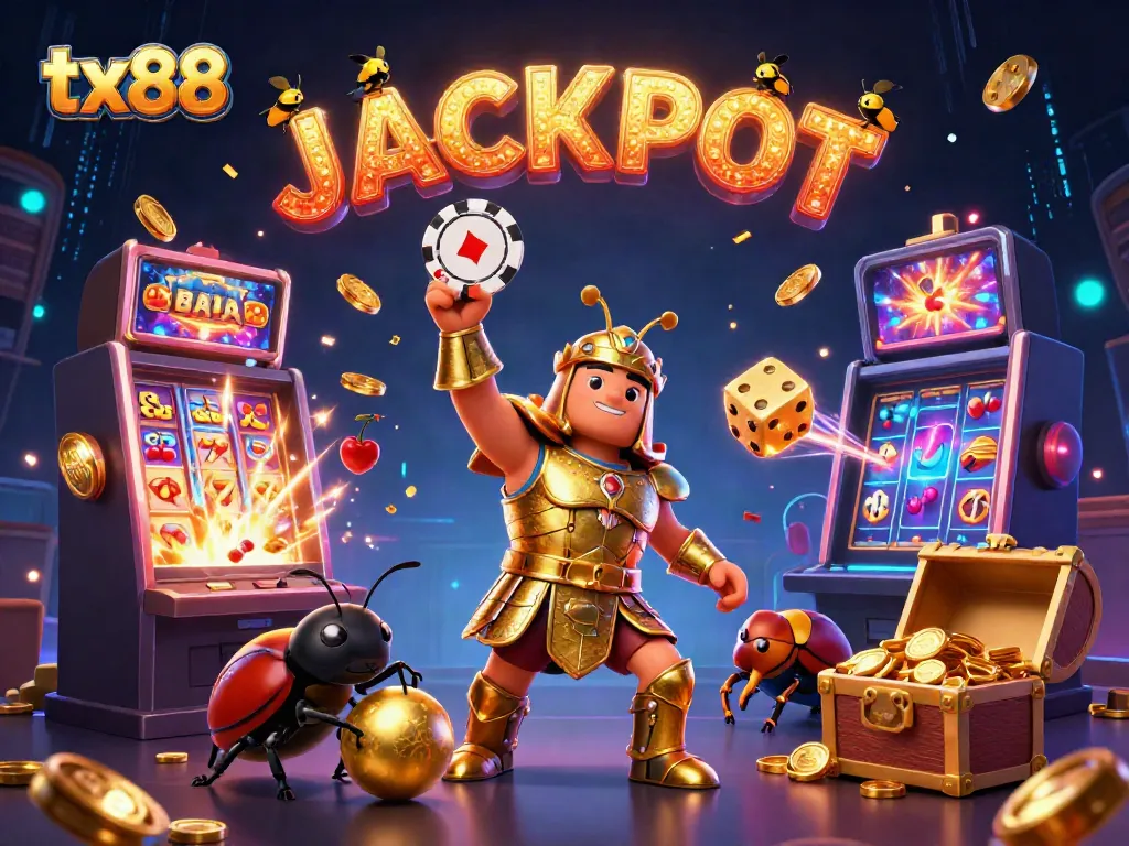 Engage with tx88 as a victory-seeking beetle celebrates a jackpot, surrounded by vibrant casino elements.