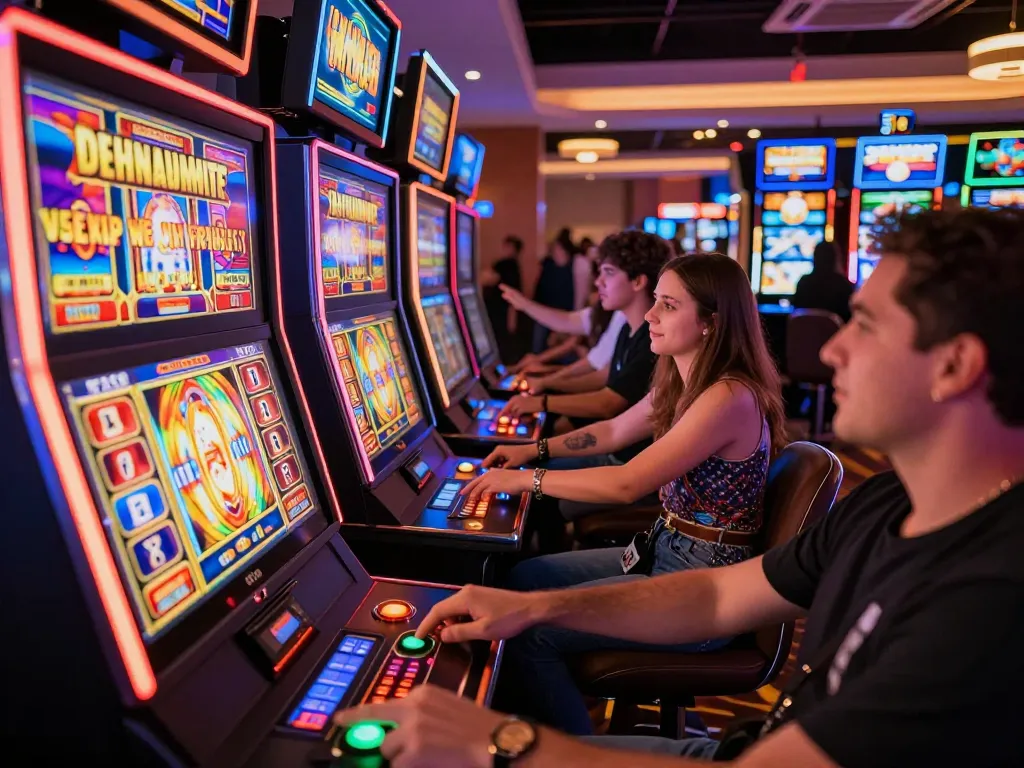 Players interacting with colorful slot machines in a lively casino environment.