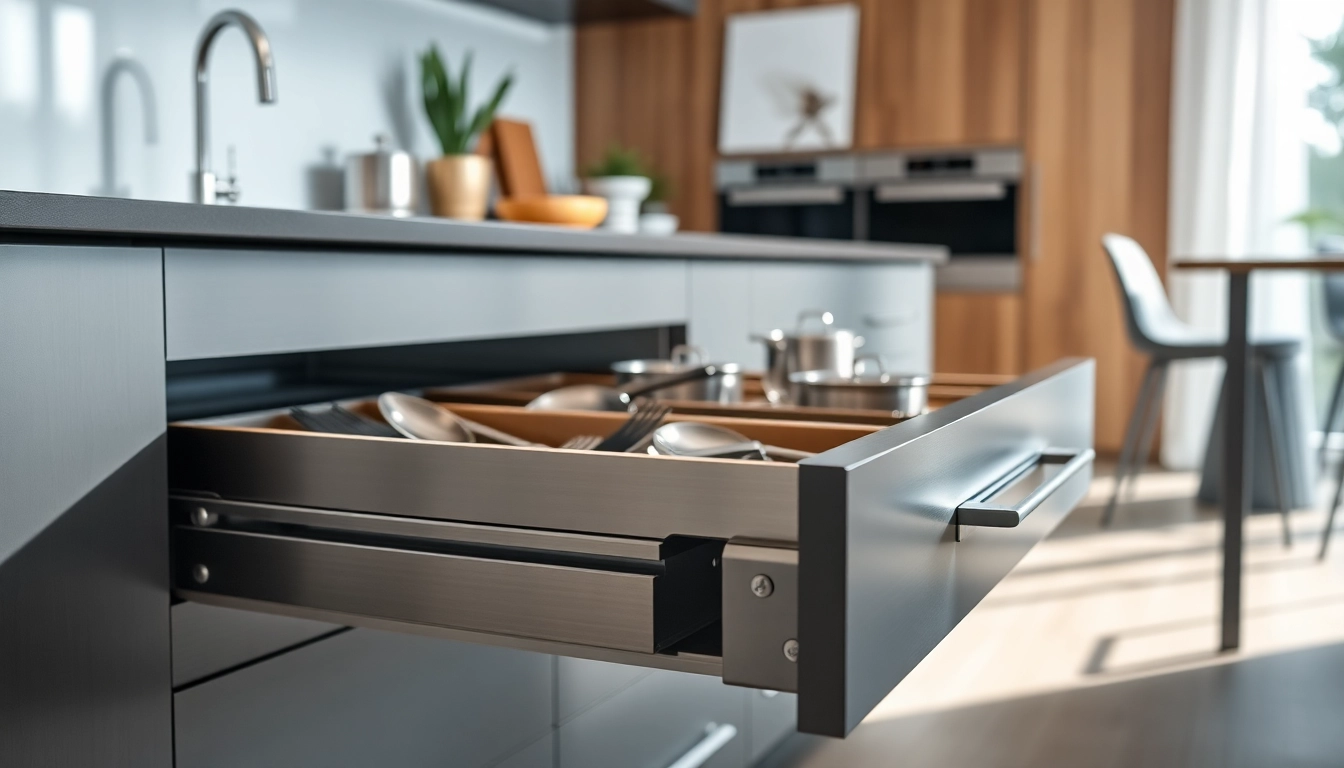 Metall-Schubladensystem mit eleganten Designs und funktionalen Elementen im Einsatz.